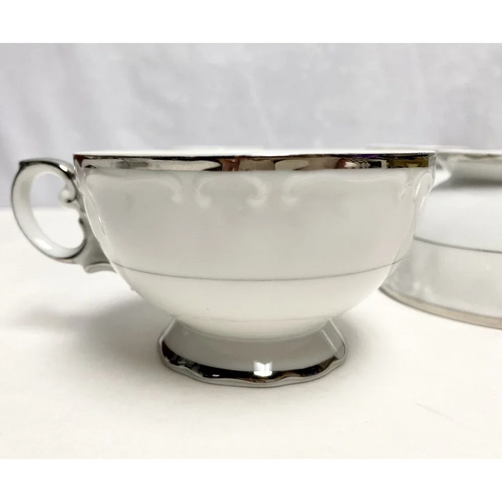 4‎ Vintage Fine China Harmony House Silver Sonata Tea Cups Mug 3639 Cups Only